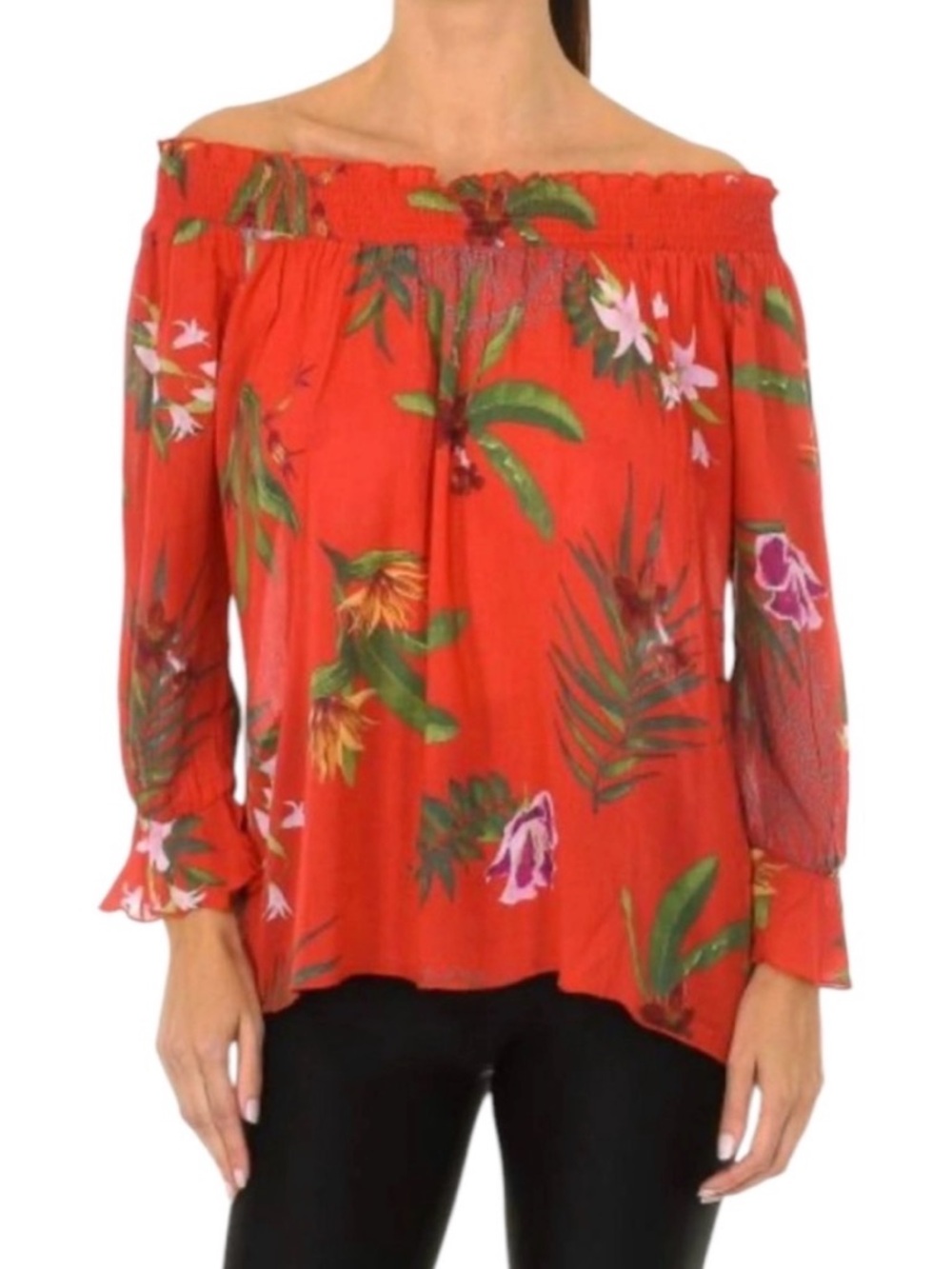 Desigual Red Off-Shoulder Tropical Print Blouse size Medium